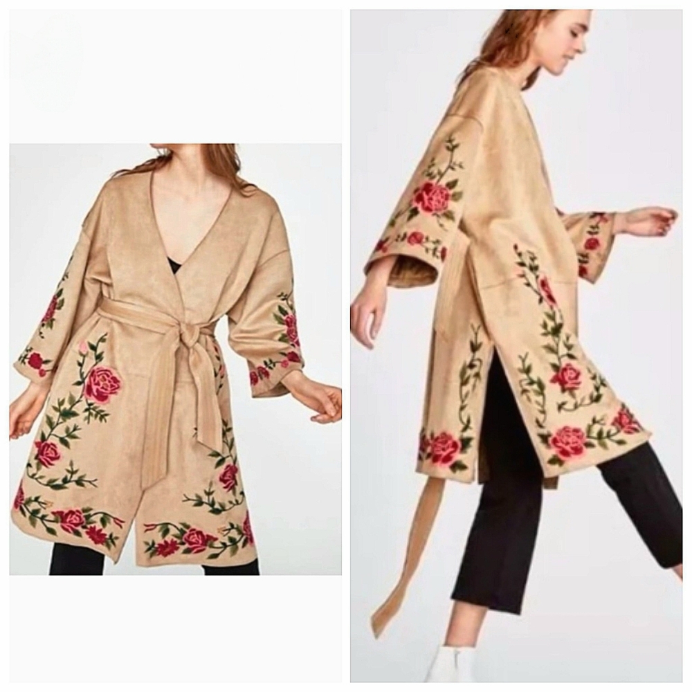 Rare Zara Embroidered Floral Faux Suede Wrap Belted Cardigan Kimono L